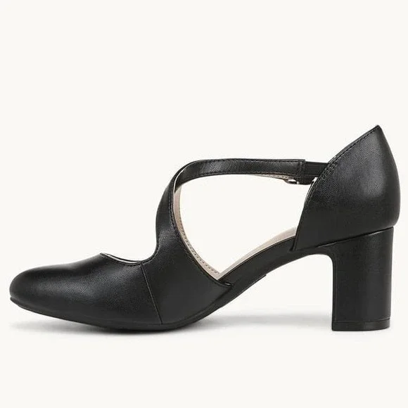 LifeStride Tracy Sz 8W Black Faux Leather Strappy Block Heel Pumps Wide NEW - Picture 6 of 11